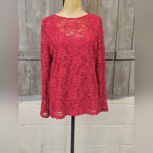 ONYX NITE Red Sequin & Lace Top Blouse 3/4 Sleeves Lined Size XL Holiday Party